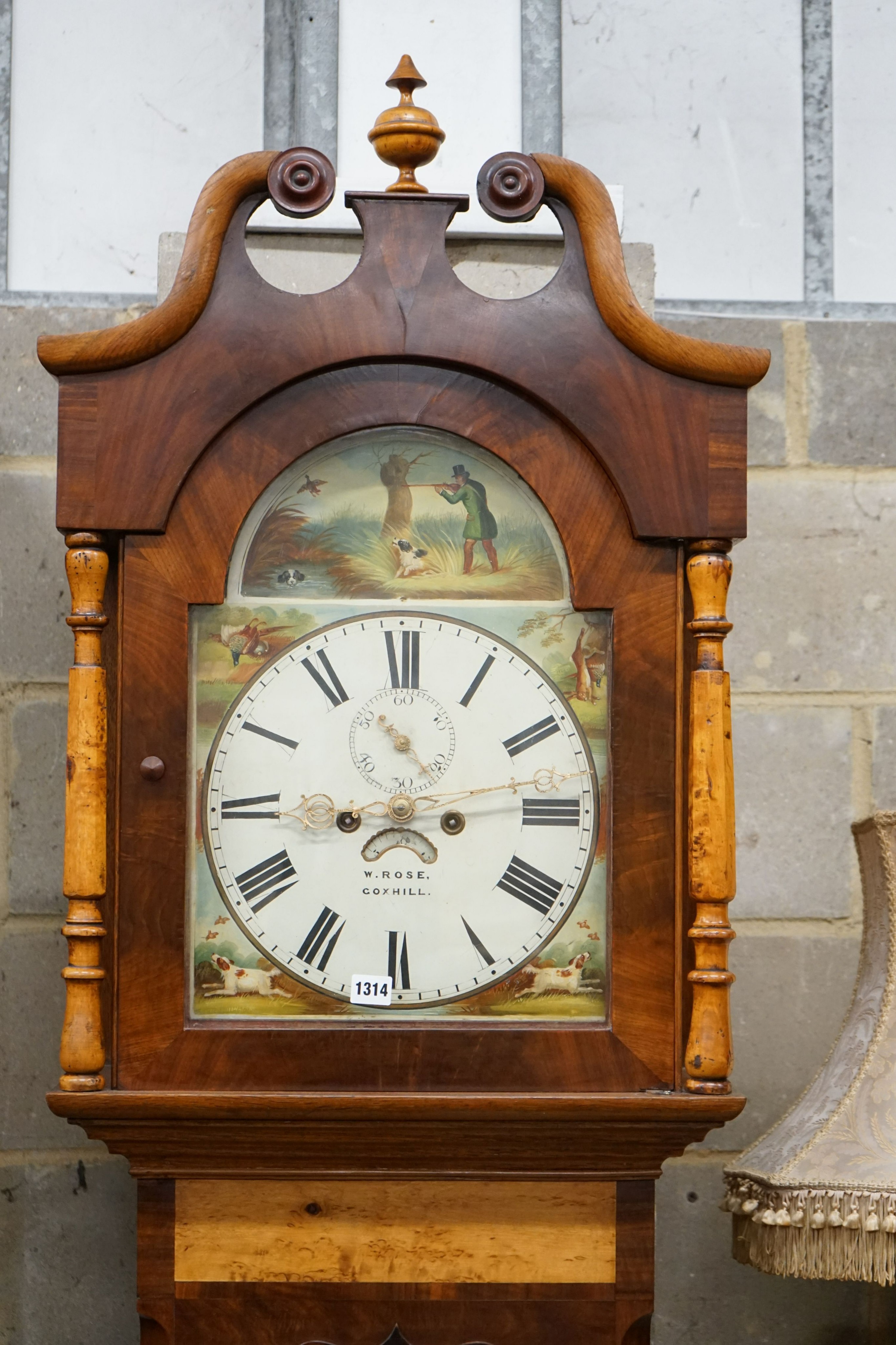 An early Victorian maple banded oak eight day longcase clock marked Rose, Coxhill, height 228cm